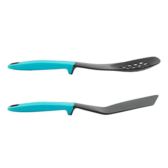 Kitchen Turner and Slotted Spoon with Integrated Counter Rest in Black/Teal - Picture 1 of 5